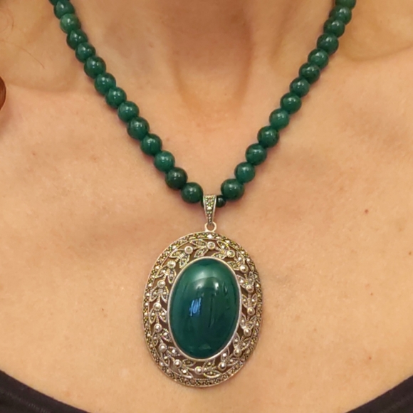Vintage Jade Sterling Marcasite Pendant Necklace